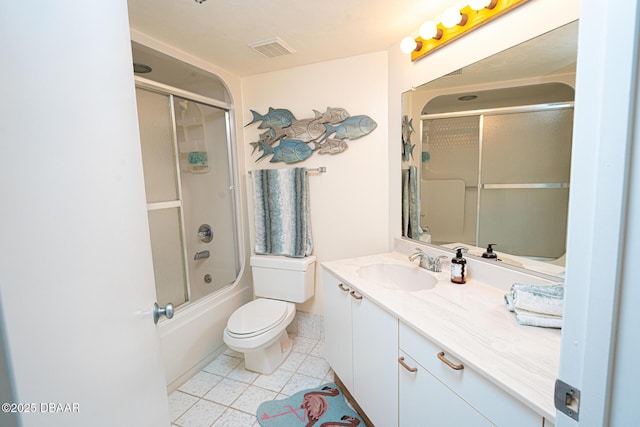 full bathroom featuring shower / bath combination with glass door, vanity, and toilet