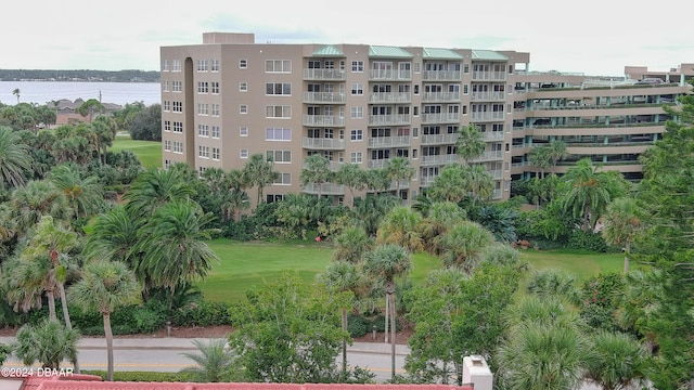 view of building exterior with a water view