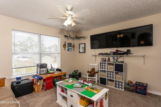 playroom with carpet, a textured ceiling, and a wealth of natural light