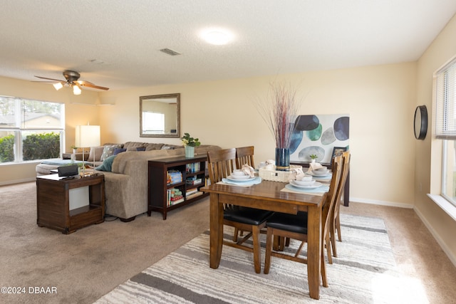 carpeted dining room with ceiling fan and a textured ceiling