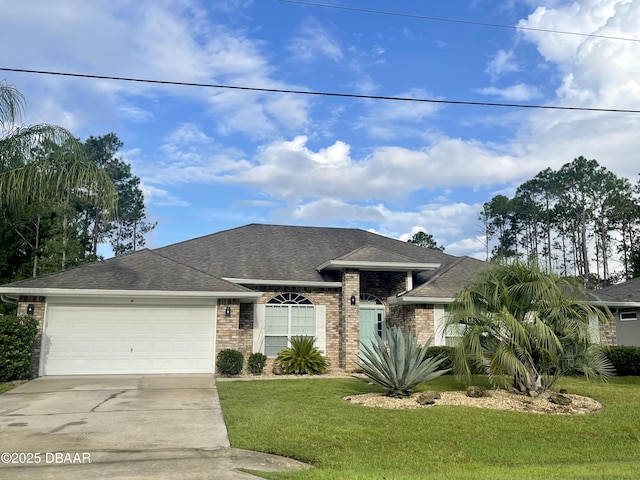 view of front of house with driveway, an attached garage, a front yard, and roof with shingles