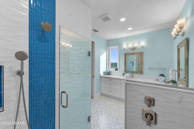 bathroom with walk in shower, vanity, and a chandelier