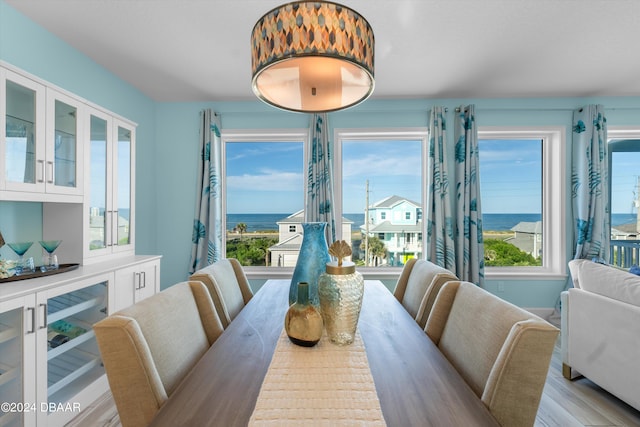 dining room featuring a wealth of natural light, a water view, and light hardwood / wood-style floors