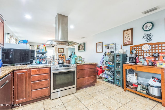 225 Sherwood Ln, Daytona Beach, FL 32117 - kitchen with stainless steel appliances, island range hood, light tile patterned flooring, light stone countertops, and recessed lighting