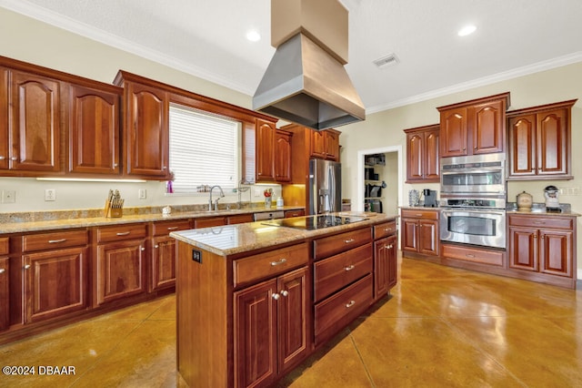 kitchen with a center island, crown molding, vaulted ceiling, island exhaust hood, and stainless steel appliances