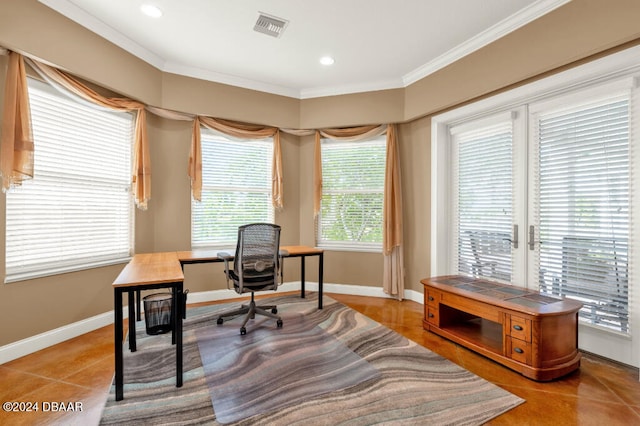 tiled office with ornamental molding