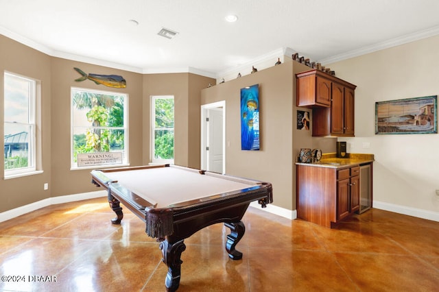 playroom with wine cooler, crown molding, and billiards