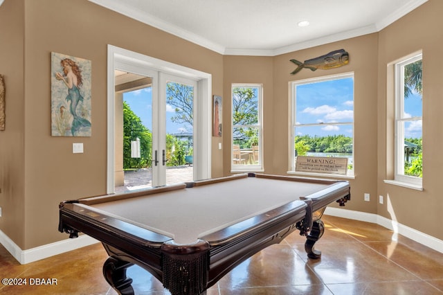 game room with tile patterned flooring, crown molding, billiards, and french doors