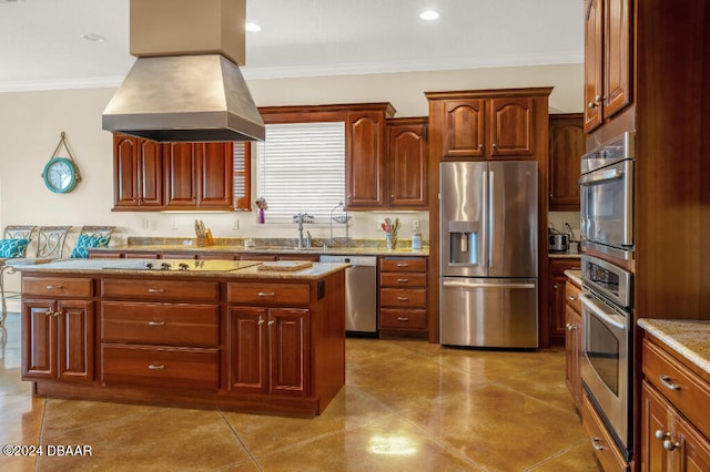 kitchen featuring a center island, ornamental molding, appliances with stainless steel finishes, light stone counters, and island exhaust hood