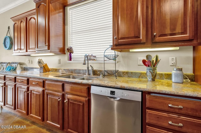 kitchen with light stone counters, stainless steel dishwasher, ornamental molding, dark tile patterned floors, and sink