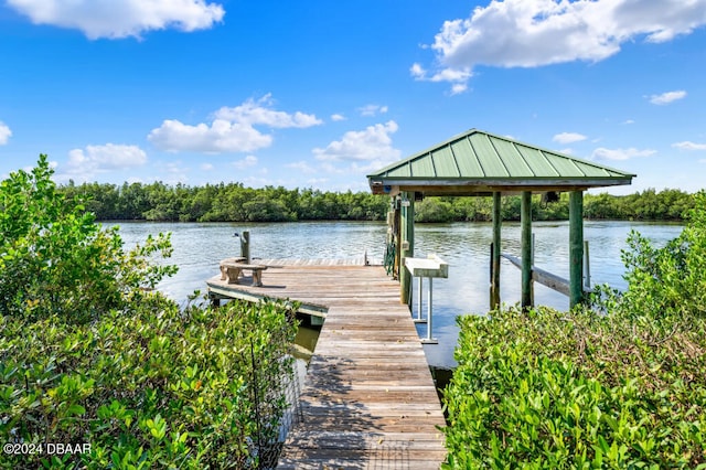 view of dock with a water view