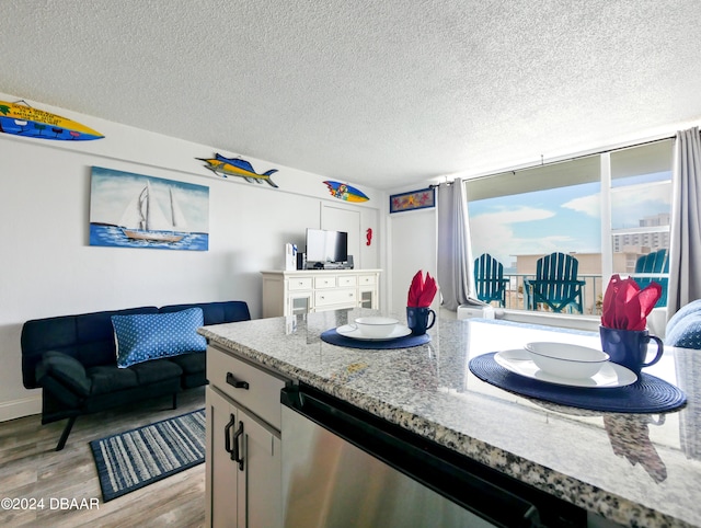 kitchen with dishwasher, a textured ceiling, light hardwood / wood-style floors, and light stone countertops