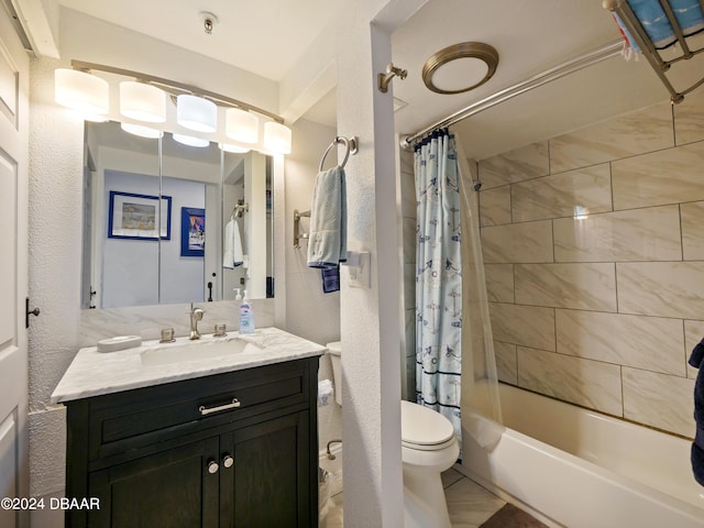 full bathroom with tile patterned flooring, shower / bath combo, toilet, and vanity