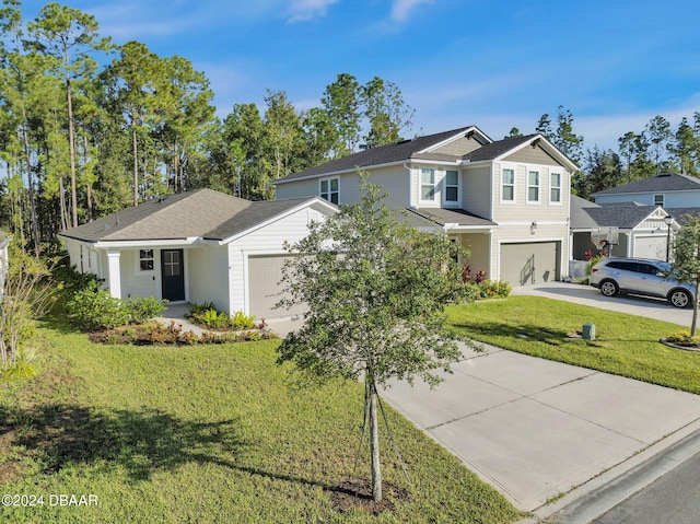 view of property with a garage and a front yard