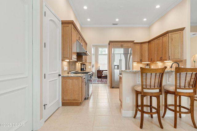 kitchen with high end appliances, a peninsula, ornamental molding, light stone counters, and backsplash