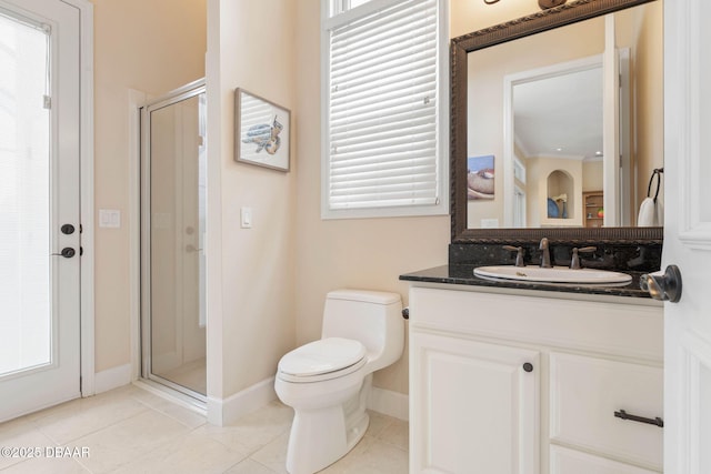 bathroom with toilet, a shower stall, and tile patterned flooring