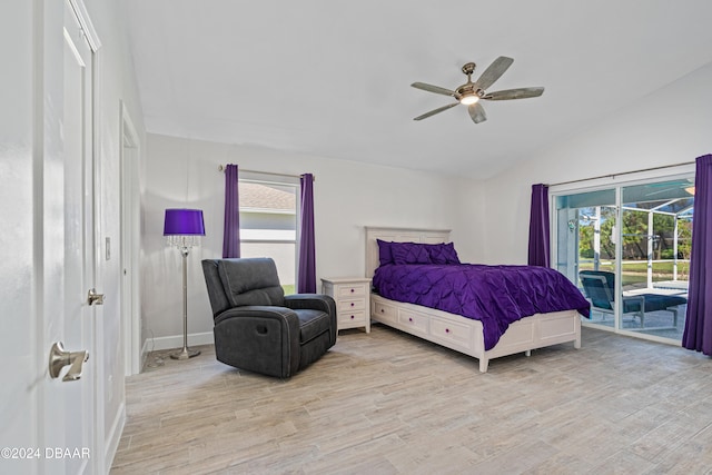 bedroom featuring access to exterior, ceiling fan, light hardwood / wood-style floors, and multiple windows