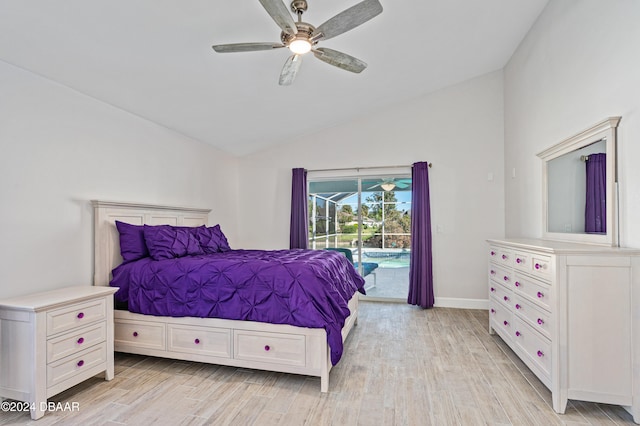 bedroom featuring access to outside, vaulted ceiling, ceiling fan, and light hardwood / wood-style floors