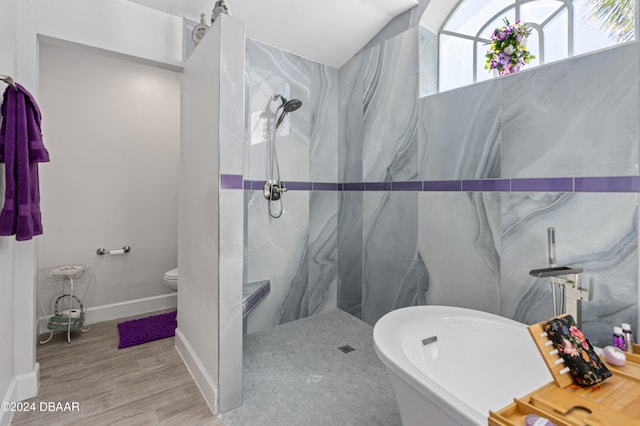 bathroom with separate shower and tub, wood-type flooring, and toilet