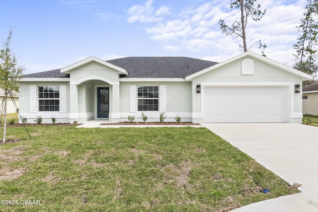 ranch-style home with a front yard, a shingled roof, stucco siding, concrete driveway, and a garage