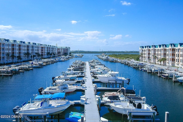 view of water feature with a dock