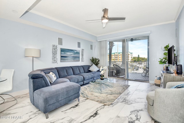 living room featuring ceiling fan and ornamental molding