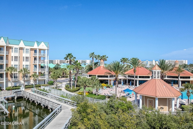 view of home's community with a water view and a pool