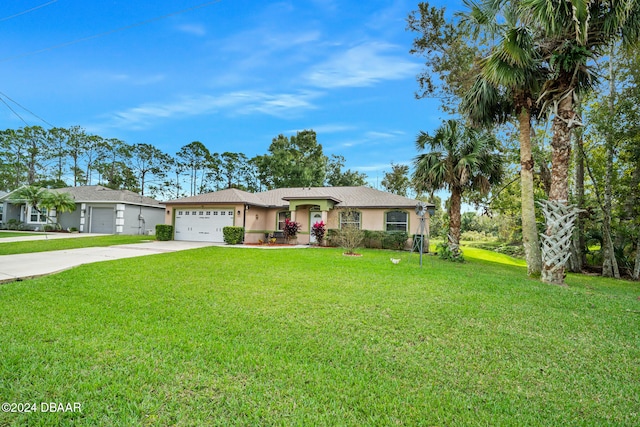 ranch-style home with a garage and a front yard