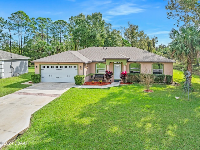 ranch-style house with a front yard and a garage