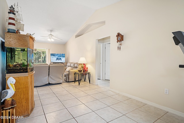 tiled living room with vaulted ceiling and ceiling fan