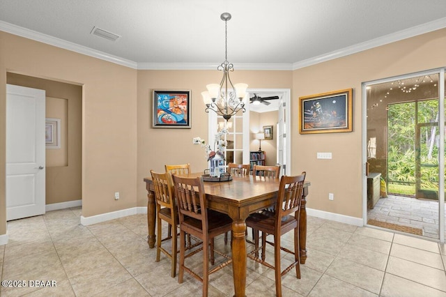 612 Aldenham Ln, Ormond Beach, FL 32174 - dining area with crown molding, a chandelier, light tile patterned flooring, and baseboards