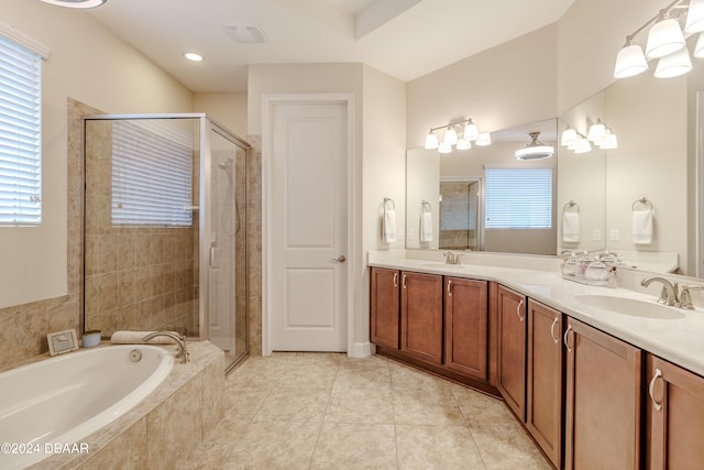 bathroom featuring vanity, tile patterned floors, and independent shower and bath