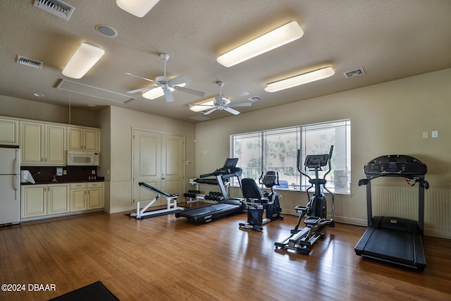 exercise room featuring light wood-type flooring, a textured ceiling, and ceiling fan