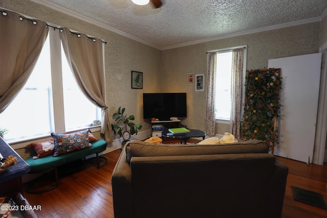 living room with wood-type flooring, a textured ceiling, and crown molding