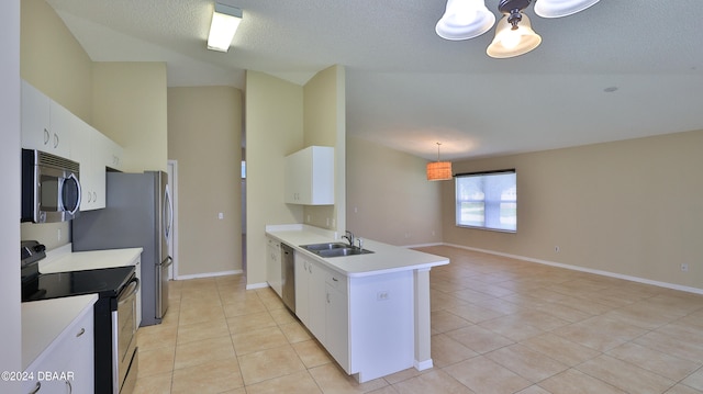 kitchen with appliances with stainless steel finishes, hanging light fixtures, sink, white cabinets, and kitchen peninsula