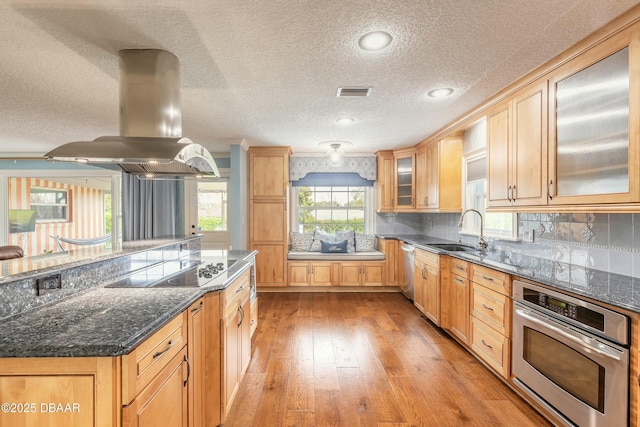 kitchen with dark stone countertops, appliances with stainless steel finishes, a sink, island exhaust hood, and glass insert cabinets
