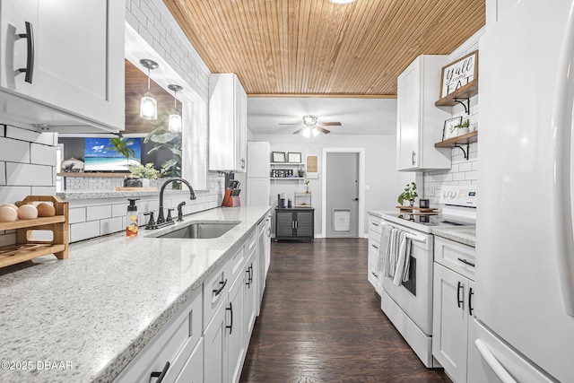 kitchen featuring open shelves, a sink, white appliances, wooden ceiling, and backsplash