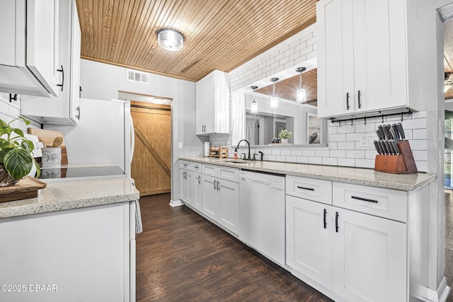 kitchen featuring visible vents, white appliances, wood ceiling, tasteful backsplash, and white cabinetry