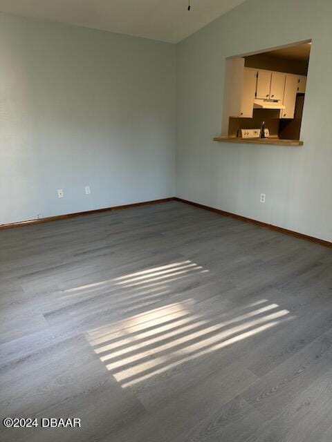 empty room with wood-type flooring and vaulted ceiling