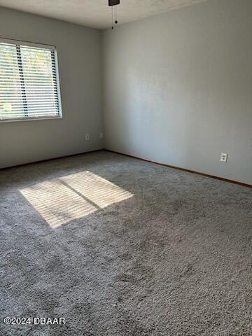 carpeted spare room with ceiling fan