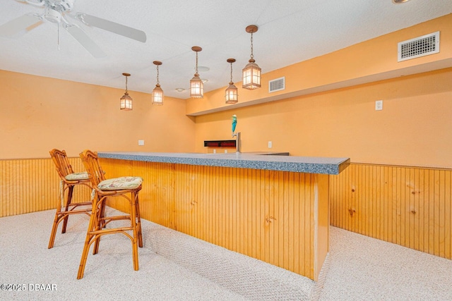 21 Pine Valley Cir, Ormond Beach, FL 32174 - indoor wet bar featuring carpet floors, wainscoting, wooden walls, a ceiling fan, and decorative light fixtures