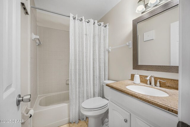 full bathroom with toilet, shower / tub combo with curtain, and vanity