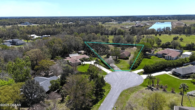 drone / aerial view featuring a view of trees, a water view, and a residential view