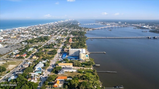 drone / aerial view featuring a water view