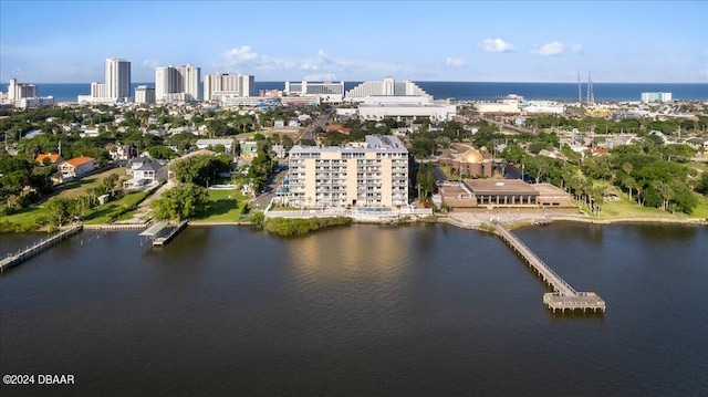 bird's eye view with a water view