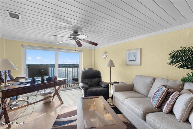 dining room with crown molding, ceiling fan with notable chandelier, wooden ceiling, and light wood-type flooring