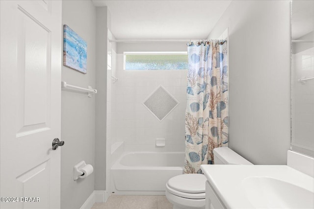 full bathroom featuring toilet, shower / tub combo with curtain, vanity, and tile patterned floors