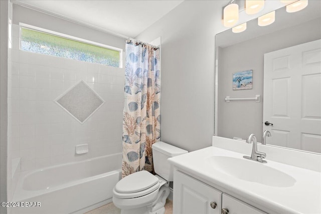 full bathroom featuring toilet, vanity, and shower / bath combo with shower curtain