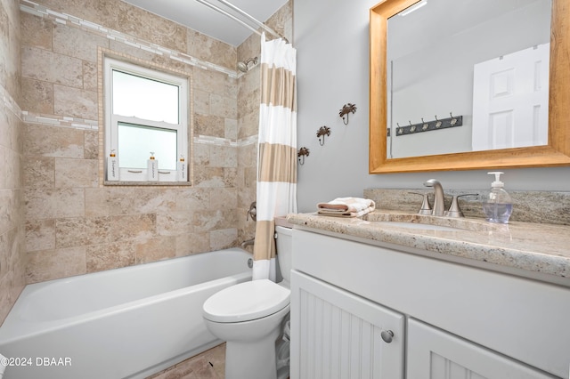 full bathroom with toilet, vanity, and shower / bathtub combination with curtain