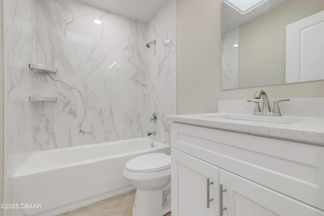 bathroom with toilet, shower / bath combination, a skylight, and vanity